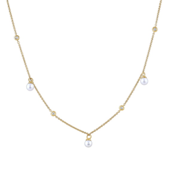 Brilliance Fine Jewelry Lab-Grown Diamond and Pearl Station Necklace in Yellow Gold-Plated Silver