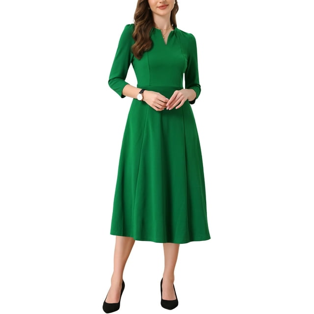 Vestido de trabajo para mujeres INSPIRE CHIC, corte A, mangas 3/4, vestido midi elegante, verde, talla S