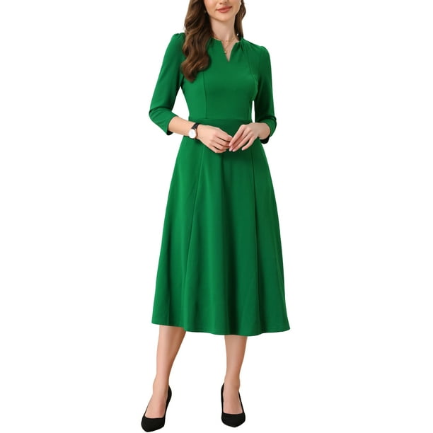 Vestido de trabajo para mujeres INSPIRE CHIC, corte A, mangas 3/4, vestido midi elegante, verde, talla S