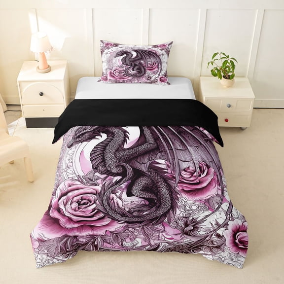 Erosebridal Teens Magical Dragon Twin Bedding,Boys Girls Chic Floral Roses Duvet Cover Set,Black Pink,Black Reversible,2pcs,No Comforter