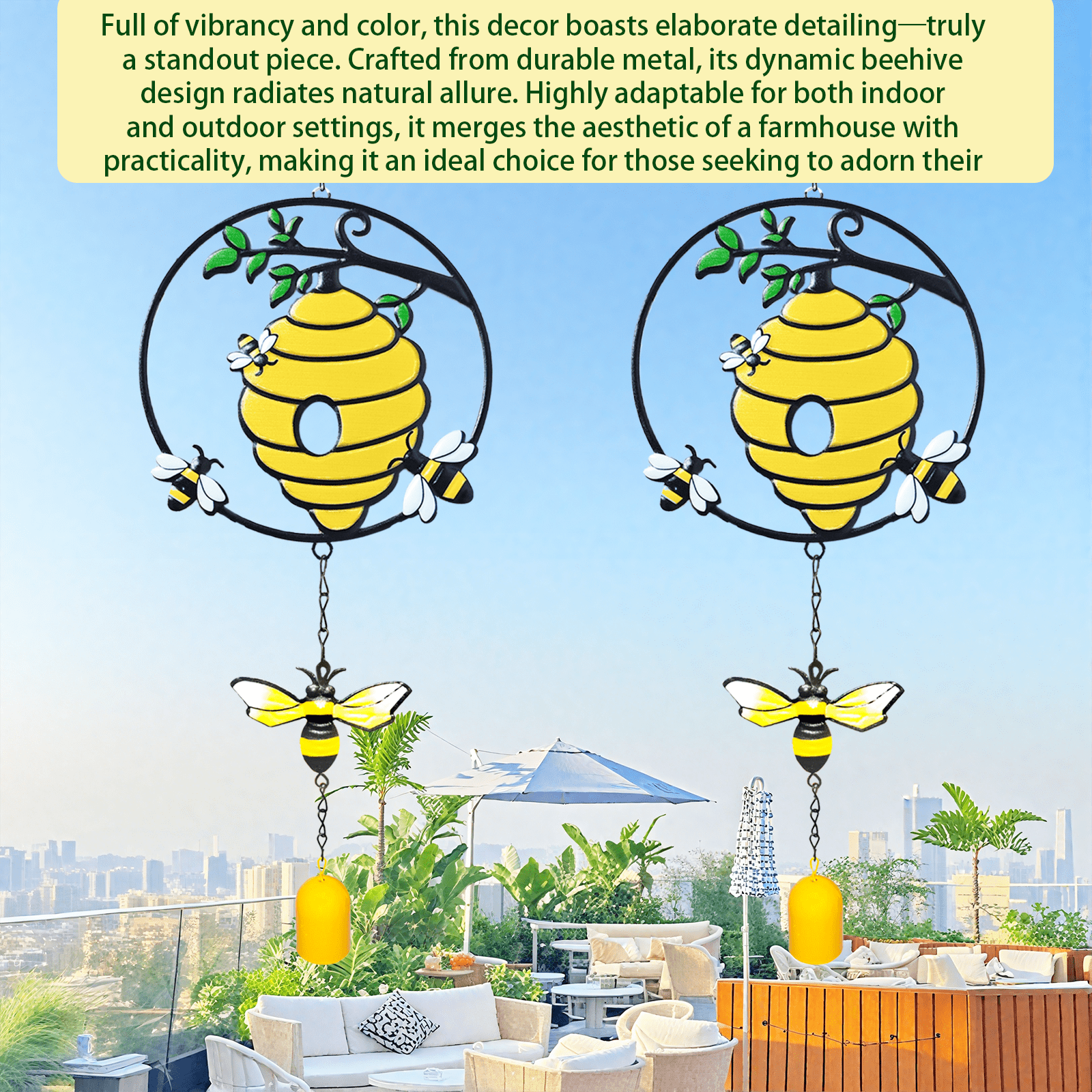Garden Wind Chime Outdoor Clearance, Bee Wind Chime for Garden, Patio, Balcony, Outdoor/Indoor Decor, Metal Garden Art Decor