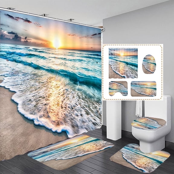 BSHAPPLUS® 16 Pcs Beach Sunset Shower Curtain Set with Non Slip Bath Mats, Waterproof Polyester Ocean Wave Shower Curtain with 12 Hooks, Coastal Bathroom Decor Set for Home Apartment Vacation Rental