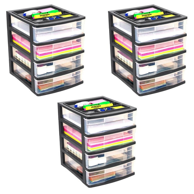 Gracious Living 4 Drawer Desktop Storage w/ Organizer Lid, Black (3 Pack)