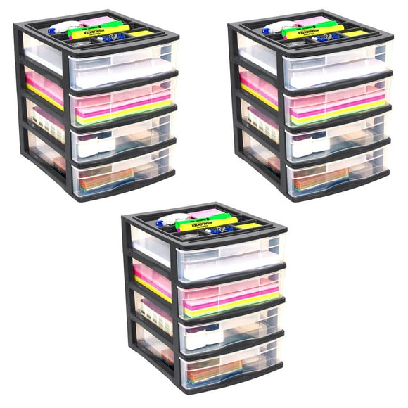Gracious Living 4 Drawer Desktop Storage w/ Organizer Lid, Black (3 Pack)