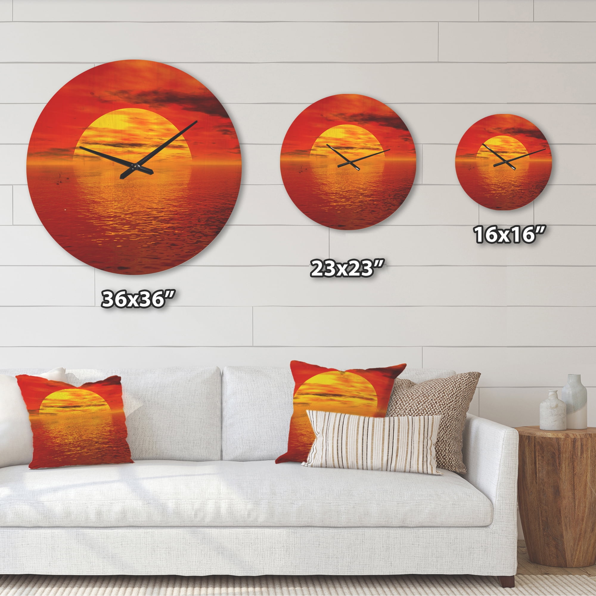Designart 'Yellow Sun Falling to Red Ocean ' Modern Wood Wall Clock