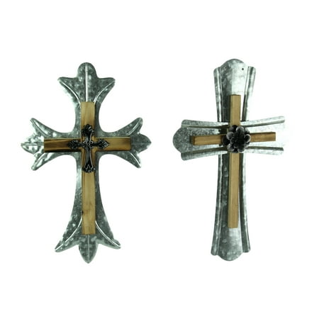 Two Piece Wood Wall - Rustic Wood and Galvanized Metal Triple Layered Wall Cross 2 Piece Set