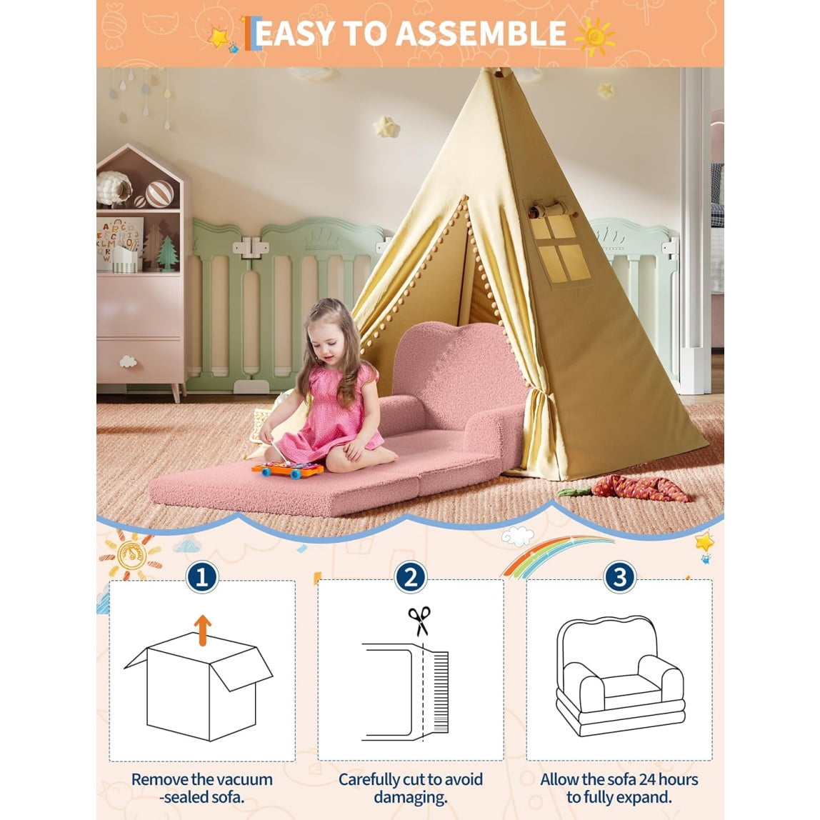 Home Kids Couch, 2-in-1 Convertible Toddler Sofa Chair, Soft Fold Out Couch Lounger for Kids, Comfy Children's Sofa Bed for Playroom