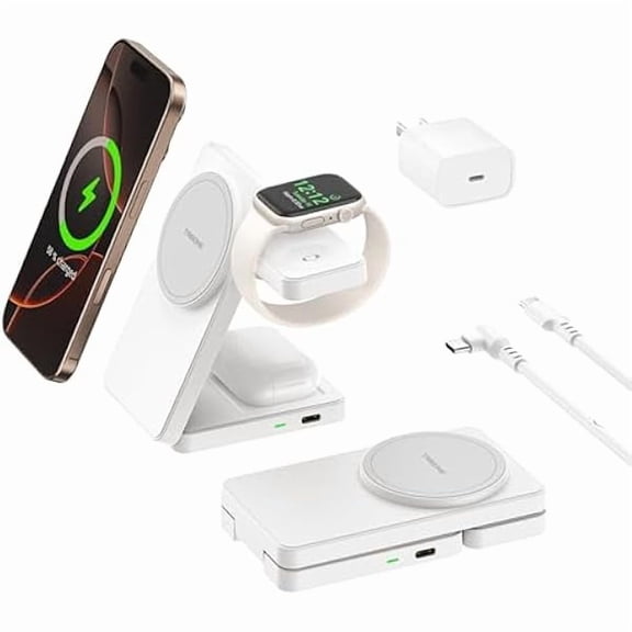 Saluqifa 3 in 1 Charging Station for iPhone 16/15/14/13/12 Series, Wireless Charger for Apple Watch，Travel Magnetic Charging Stand for AirPods (White Grey)