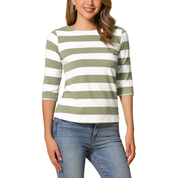 INSPIRE CHIC Women's Striped Shirts Slim Fit Elbow Sleeves Boat Neck T-Shirt XL 3