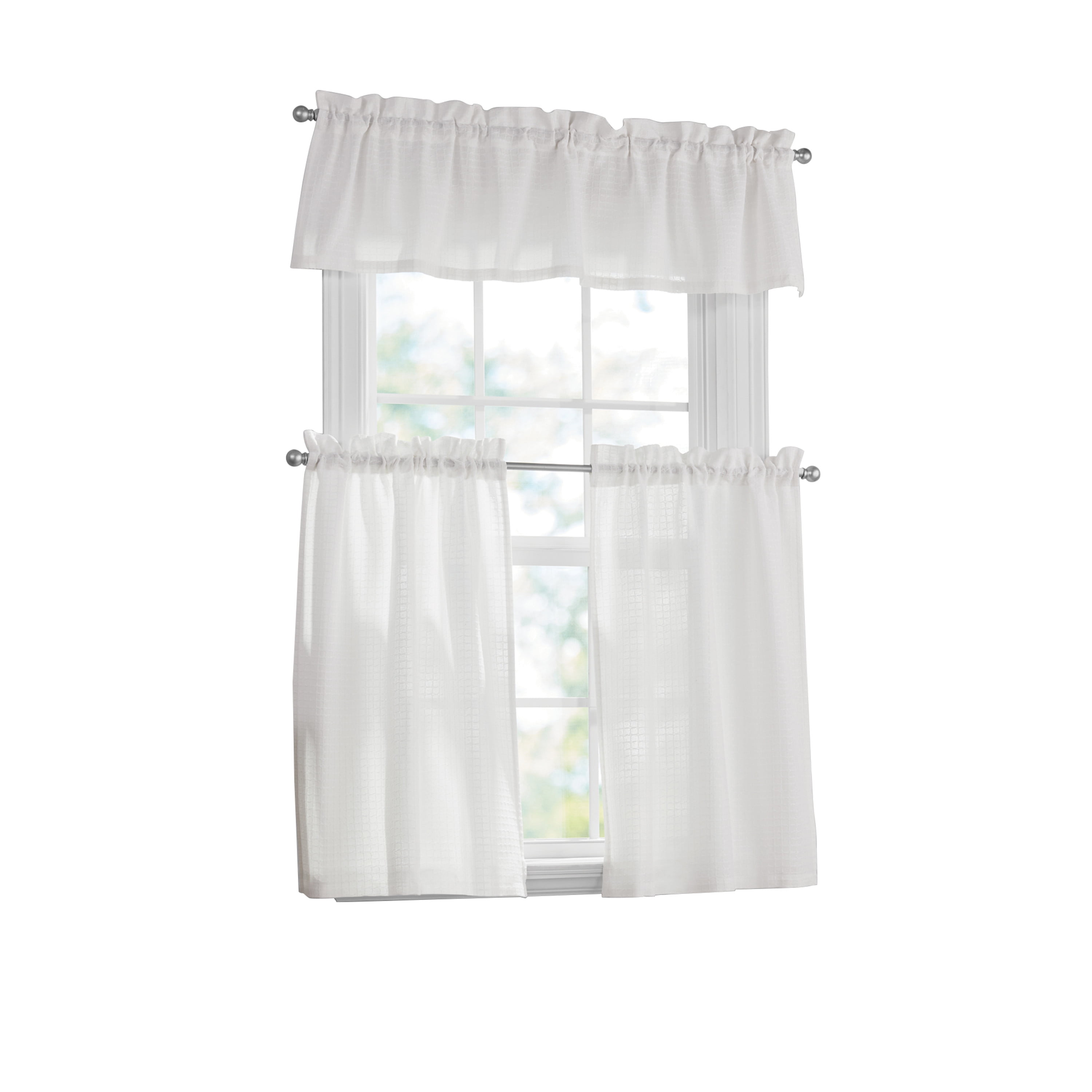 (2 pack) Mainstays Waffle Weave Tiers and Valance, Set of 3, Arctic White, 56" W x 36" L