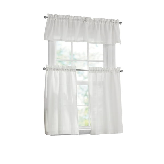 Mainstays Waffle Weave Tiers and Valance, Set of 3, Arctic White, 56" W x 36" L