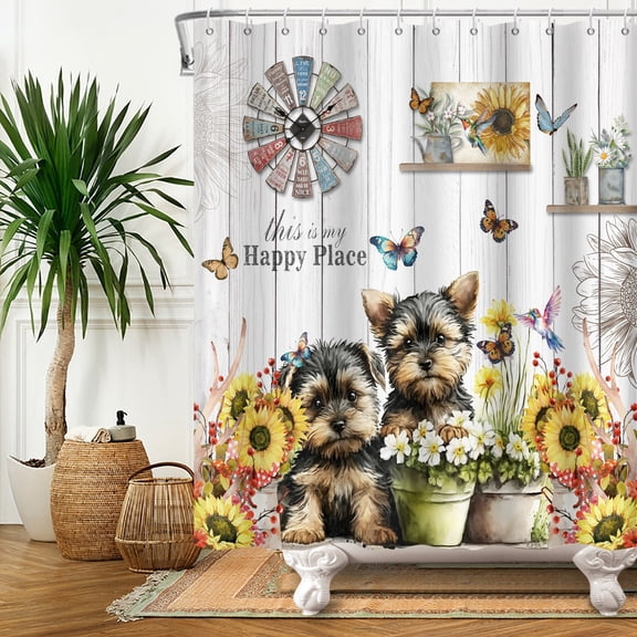 MIZHONA Funny Dogs Shower Curtain Farm Sunflower Fabric Shower Curtains for Farmhouse Bathroom Decor 72x72 in