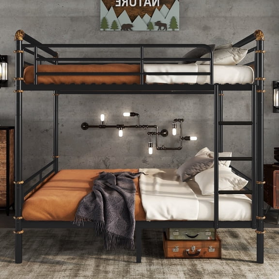 Queen over Queen Bunk Bed Frame with Industrial Detachable Bunkbeds, Metal Bunk Bed Frame with Safety Guard Rails and Ladder for Bedroom, Apartment, Mattress not included, Black