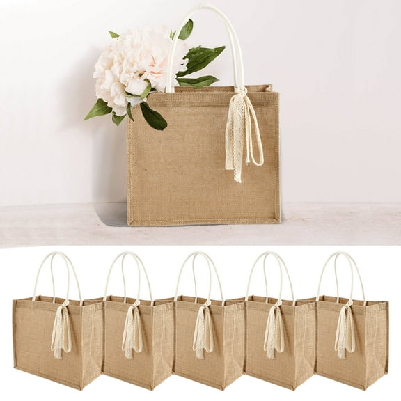 5Pcs Jute Tote Bag Reusable Burlap Shopping Bag with Ribbon and Handle Multipurpose Grocery Shopper for Shopping DIY Beach Travel