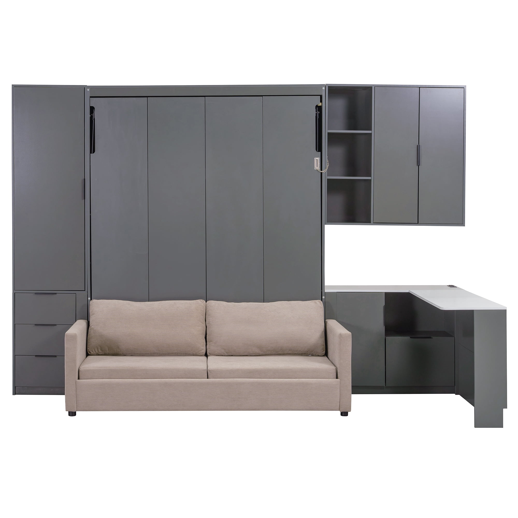 Queen Size Murphy Bed with Sofa, Writing Desk, Storage Shelves & Drawers, LED and USB for Small Space, Guest Room