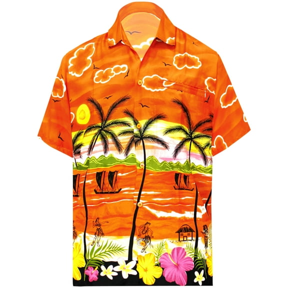 HAPPY BAY Men's Hawaiian Shirts Short Sleeve Button Down Shirt Mens Casual Shirts Vacation Tropical Beach Summer Party Shirts for Men Funny L Seashore Palm, Orange