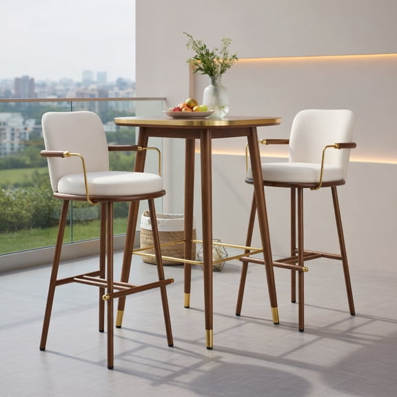Topcobee 39" Height Modern Bar Stools Set of 2, Industrial Chic Home Bar Seating, Upholstered Walnut & Beige Iron Frame Bar Chairs with Gold Armrests