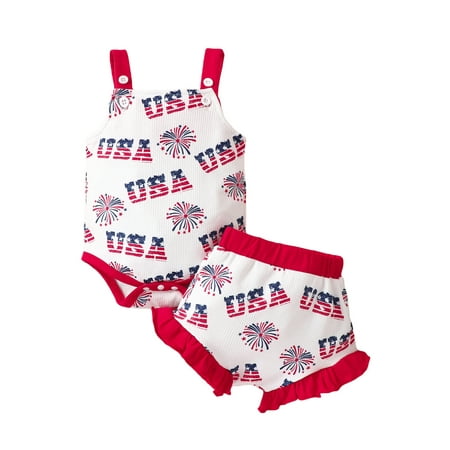 

CenturyX Independence Day Infant Baby Girls Clothes Fireworks Print Sleeveless Sling Waffle Romper Tops Shorts 2Pcs Outfits Sets
