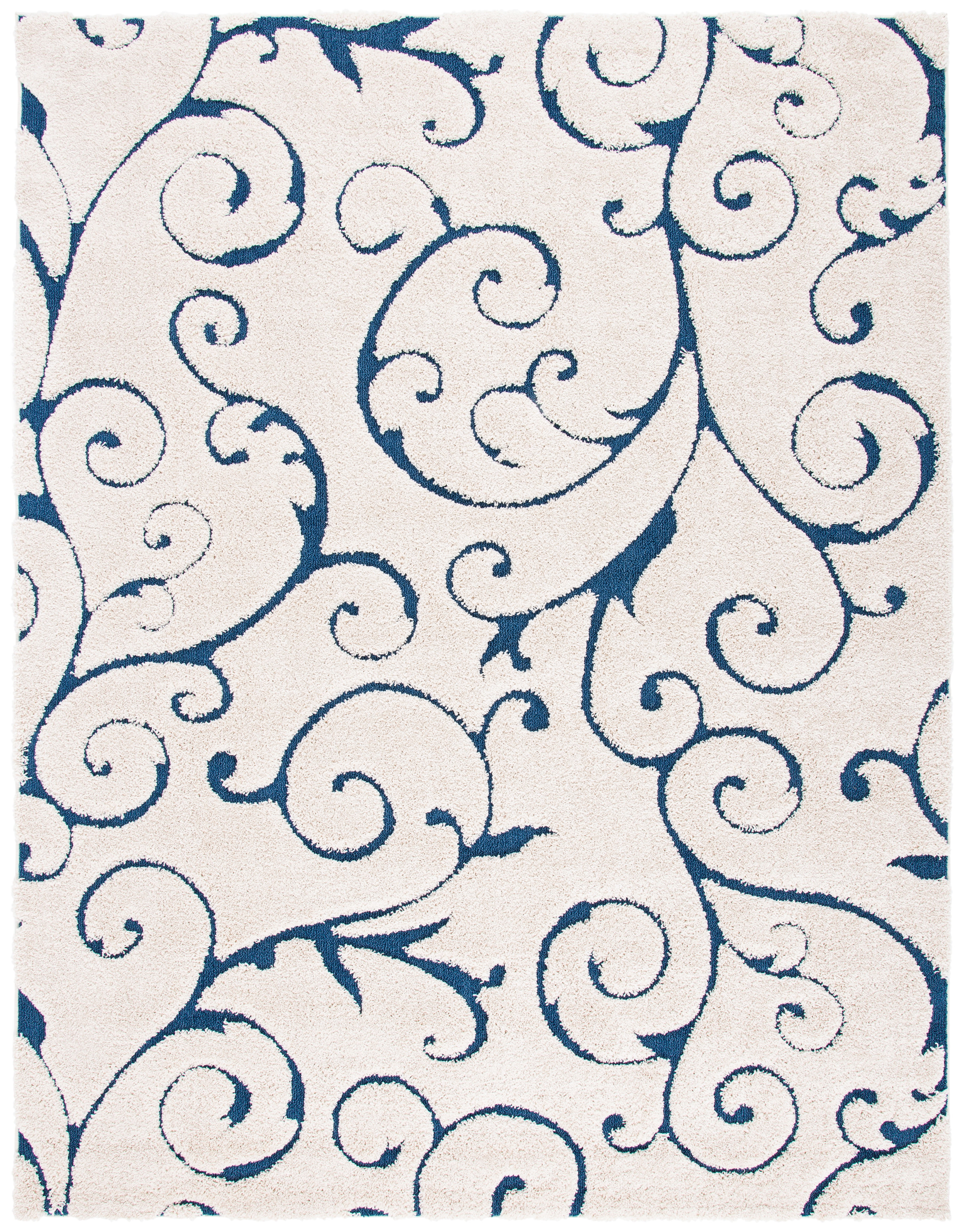 SAFAVIEH Florida Doug Floral Vines Geometric Shag Area Rug, Cream/Blue, 9'6" x 13' - Large - Transitional Modern Design, Cream & Blue, Non-Shedding & Easy Cleaning, Ultra Plush Thick Pile, Ideal for