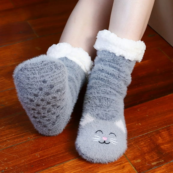 TAILTOSS 1 Pair Warm Non-slip Coral Fleece Floor Socks for Women Autumn Winter Indoor Use Grey White 40x3.9in