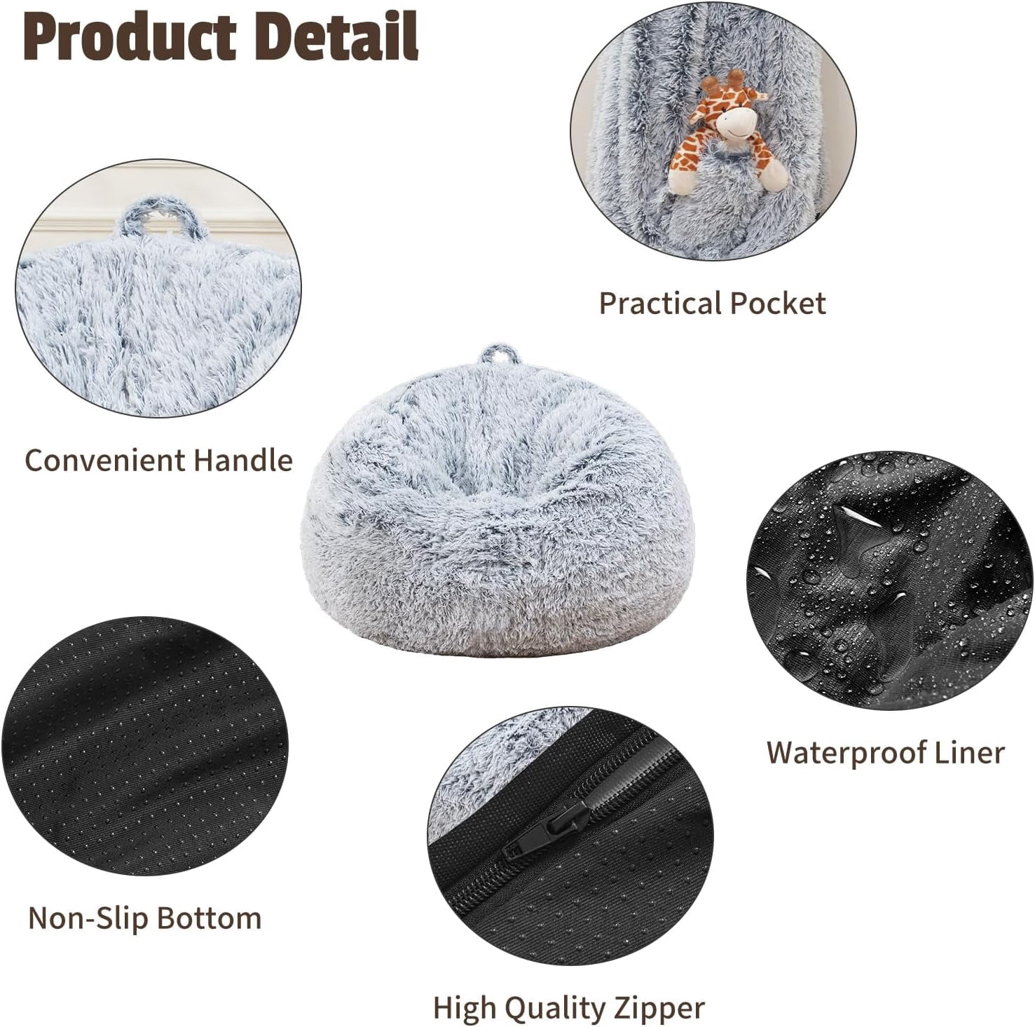 Comfy Soft Bean Bag Chair Cover for Teens Adults Boys, Living Room Furniture No Filler Cover Only, Stuffed Animal Bean Bag Chair with Side Pocket Anti-Slip Bottom