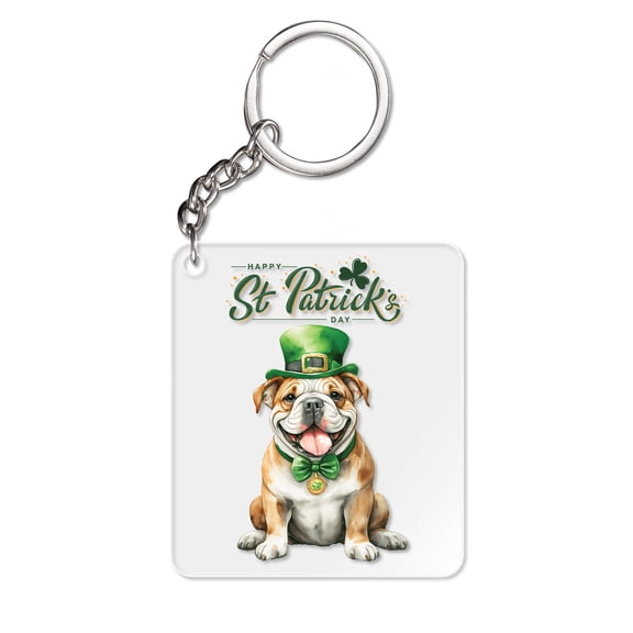 Happy St. Patrick’s Day Bulldog with Green Hat Shamrocks Rainbow Acrylic Keychain Dog Lover Gifts Idea Collar Charm Tag Keyring - 03007