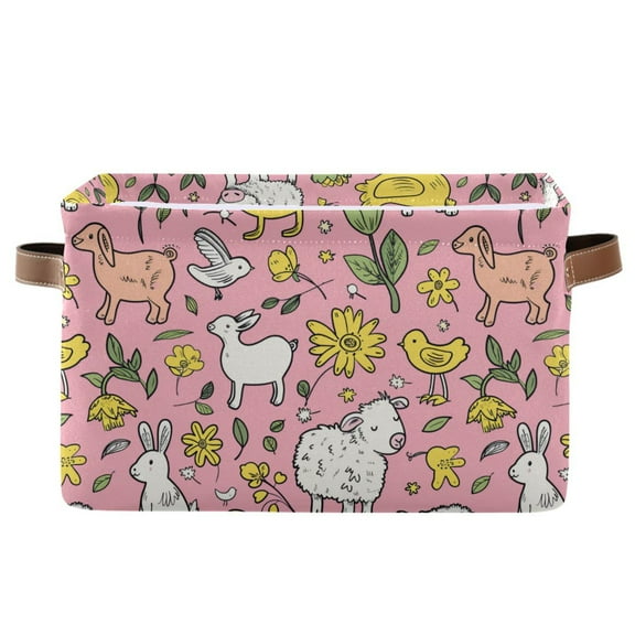 Storage Bins with Handle Fabric Organizer Basket Foldable Box 1 Pack Cute Farm Animals 14.2x10.2x8.3