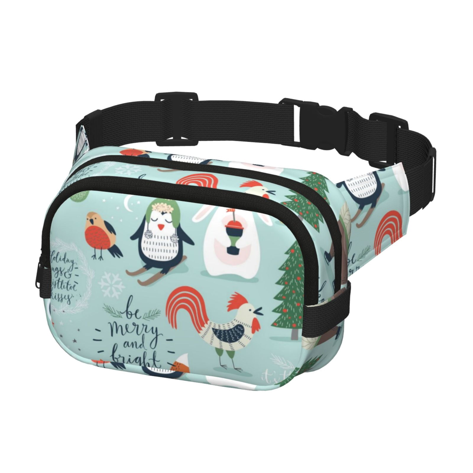 Picia Christmas Winter Animals Print Square Double-Layer Waist Bag Mini Adjustable Waist Belt Bag Exercise Running Travel Hiking