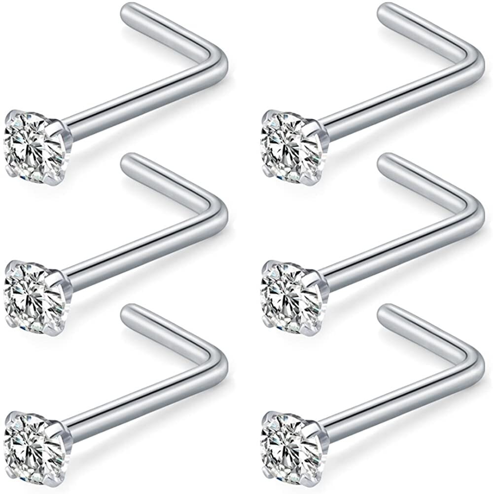 D.Bella 10PCS 18G Stainless Steel Nose Rings Stud Set 1.5mm 2mm 2.5mm 3mm Clear Diamond CZ Screw L Shaped Bone Nostril Piercing Jewelry for Women Men