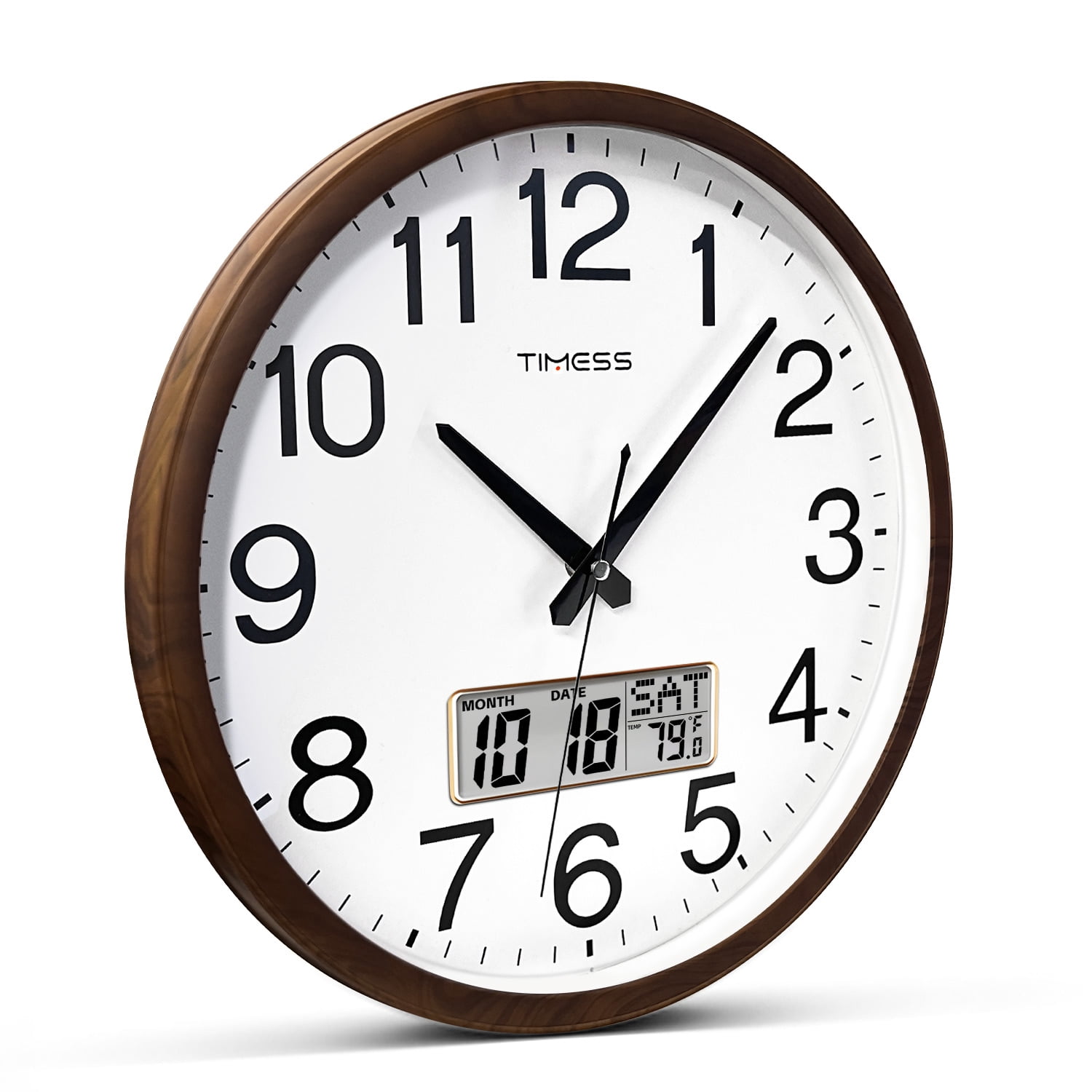 TIMESS 13" Digital Wall Clock with Brown Wood Grain Frame, Calendar and Temp Display, Silent Quartz