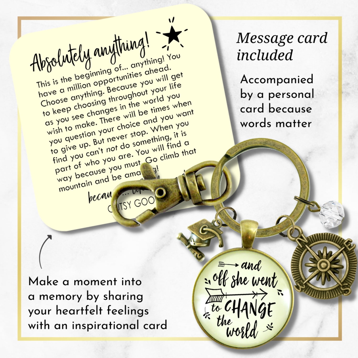 And Off She Went to Change the World Graduation Gutsy Goodness Bronze Keychain Compass Charm Womens Jewelry