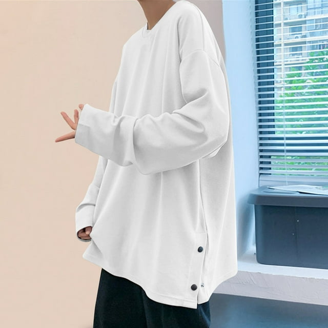 pstuiky manga larga para hombre, Blusas y camisas de cuello redondo de manga larga con abertura inferior de color sólido para hombre Tops de talla grande para hombre xxxxxl
