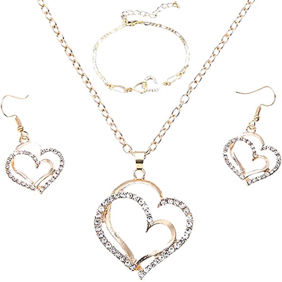 JIhuahe Double Love Bracelet Necklace Earring Set for Women, Gold Yellow Two-Tone Exquisite Jewelry Gift Set, Luxury Fashion 3-Piece Accessory Collection for Her,Gold