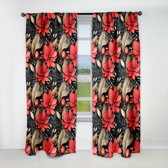 Designart "Glamorous Hollywood Floral In Red And Black" Floral Blackout Curtain Single Panel