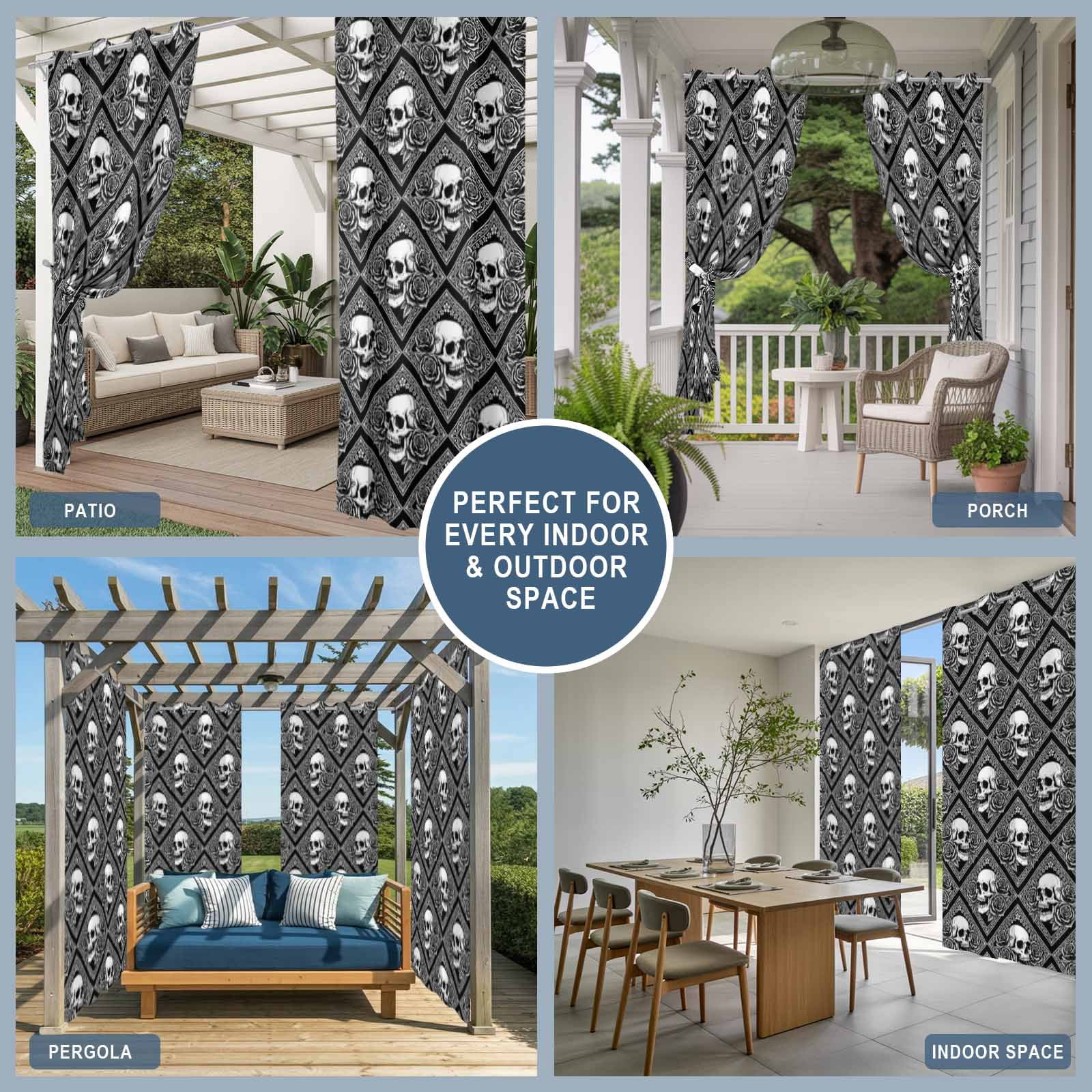 Gray Skulls Outdoor Curtains for Patio, Abstract Baroque Dark Rose Rustic Plants Farmhouse Sunshade Privacy Drapes Grommet Waterproof Outside Curtains for Porch/Cabana/Balcony 54"x 108", 1 Panel
