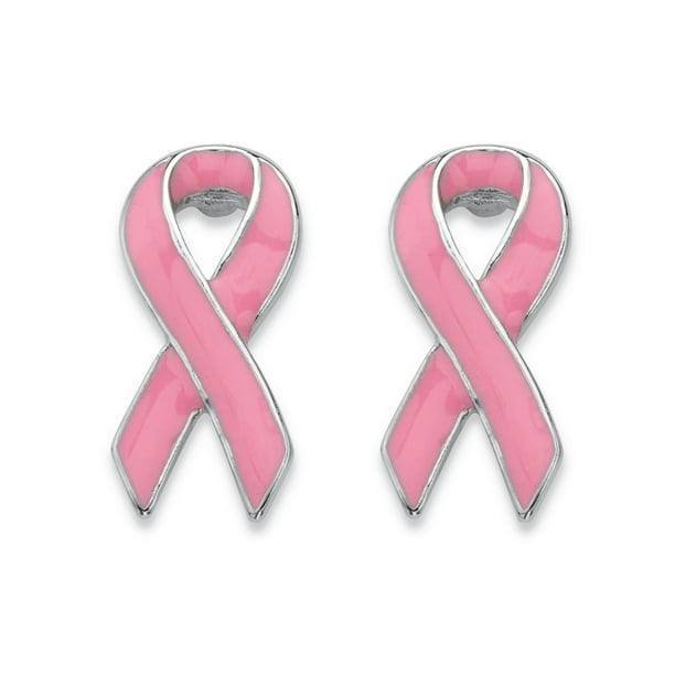 Pink Breast Cancer Awareness Ribbon Earrings in Silvertone and Enamel