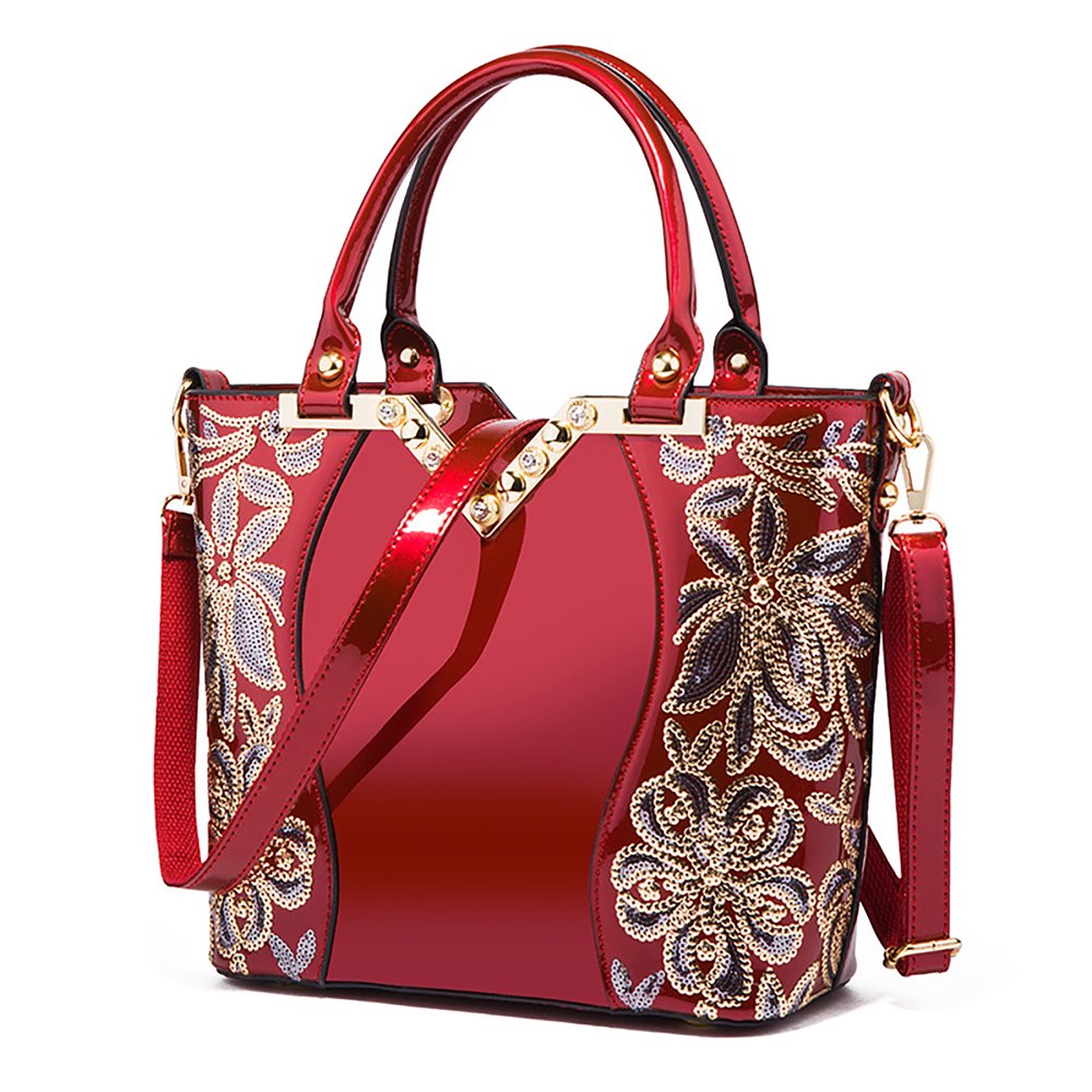 Handbag for Women, GMYLE Flowers Pattern Beads Patent Leather