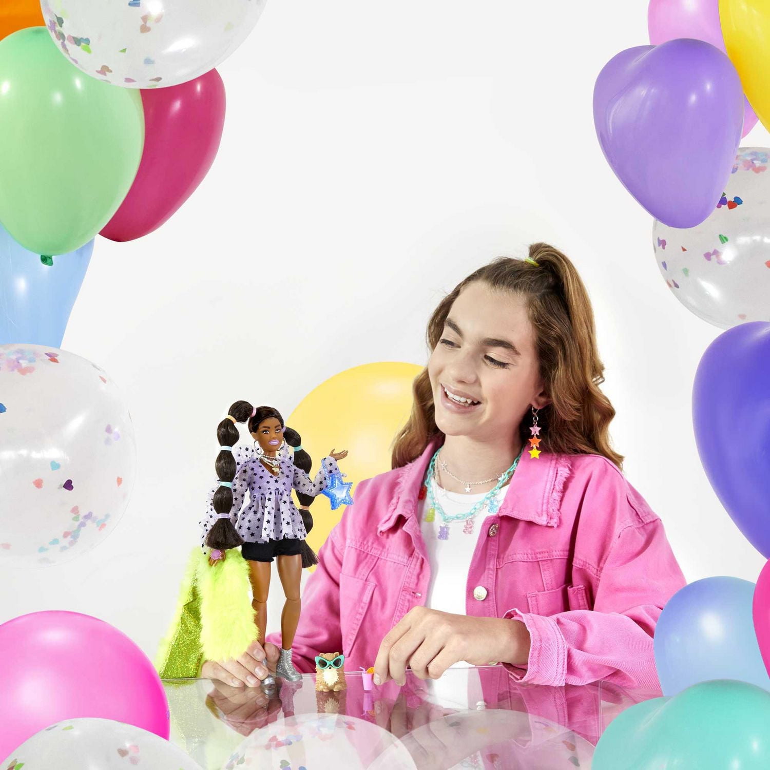 Barbie Extra Doll #7 in Top, Shorts & Furry Shrug with Pet Pomeranian, Long Pigtails with Rainbow Hair Ties, Outfit & Accessories, Multiple Flexible Joints, Gift for Kids 3 Years Old & Up