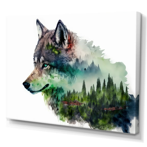 Designart Double Exposure Of A Wolf With Forest Landscape Canvas Wall Art