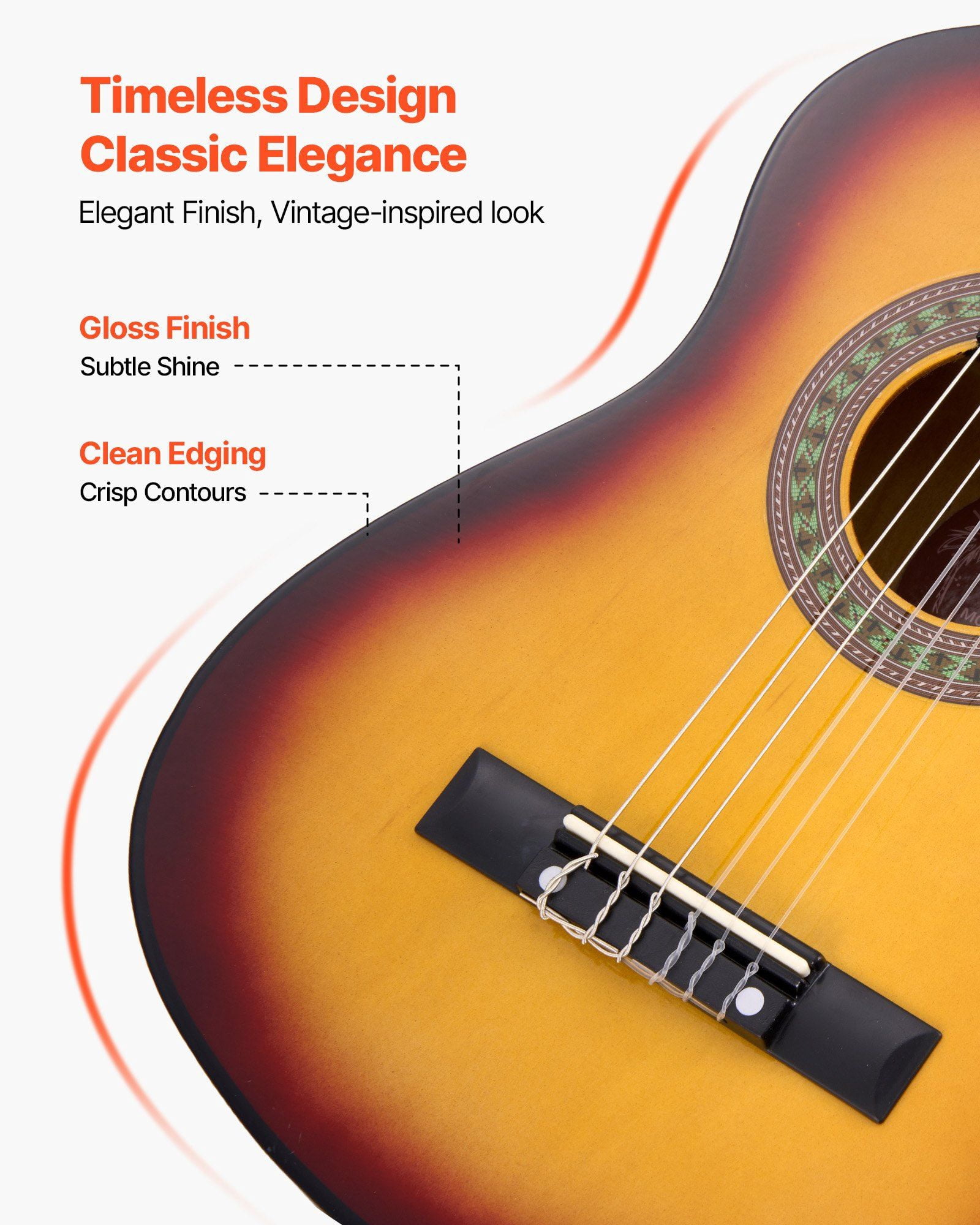 30 Inch Basswood Classical Guitar Starter Kit with Nylon Strings Gig Bag Strap Tuner Extra Strings Pick Capo Sunburst for Beginners Kids Students