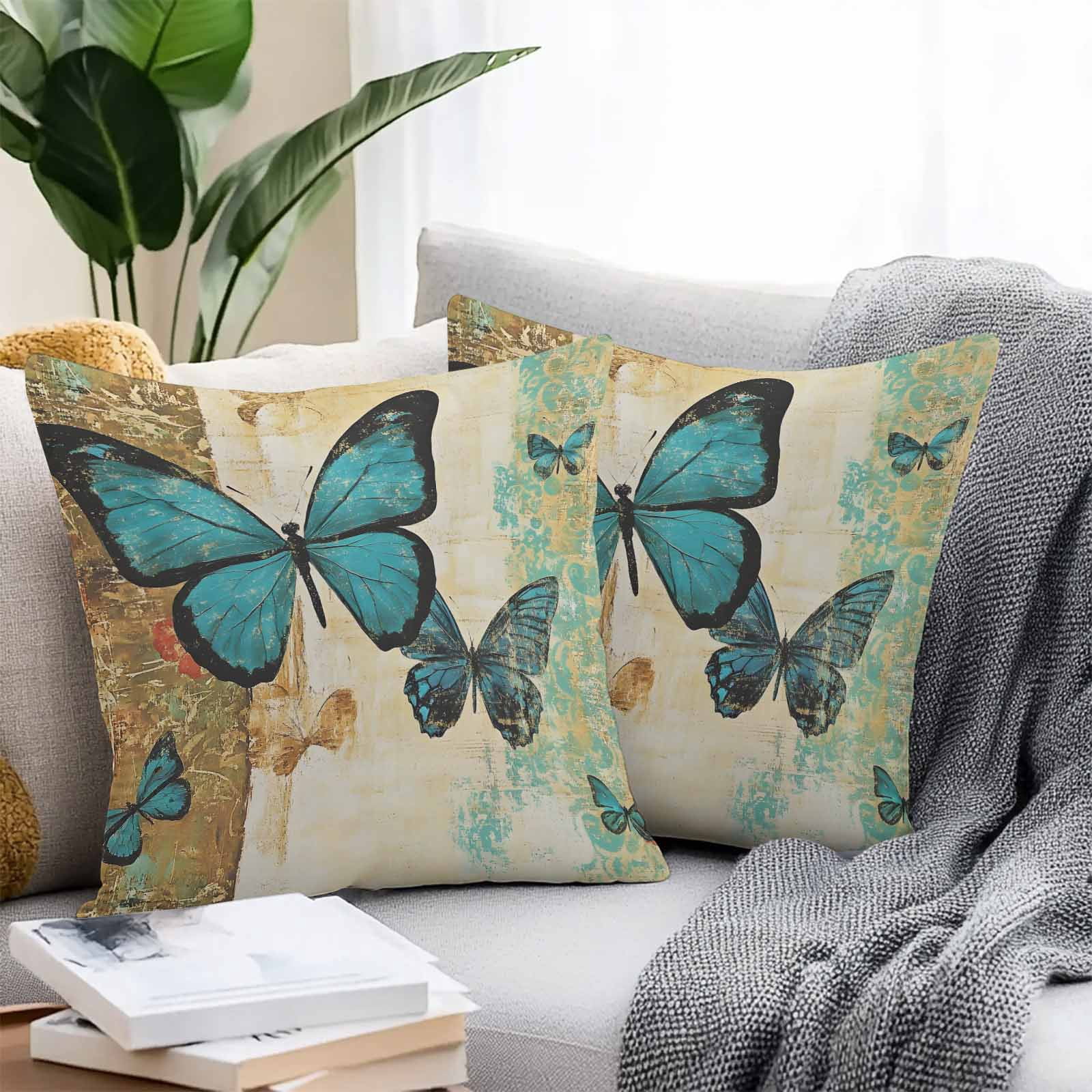 Waterproof Throw Pillow Covers Set of 2, 20x20 Inch Retro Teal Butterfly Decorative Pillowcases Outdoor Pillow Slip Cushion Covers Set for Couch Tent Summer Butterflies Vintage