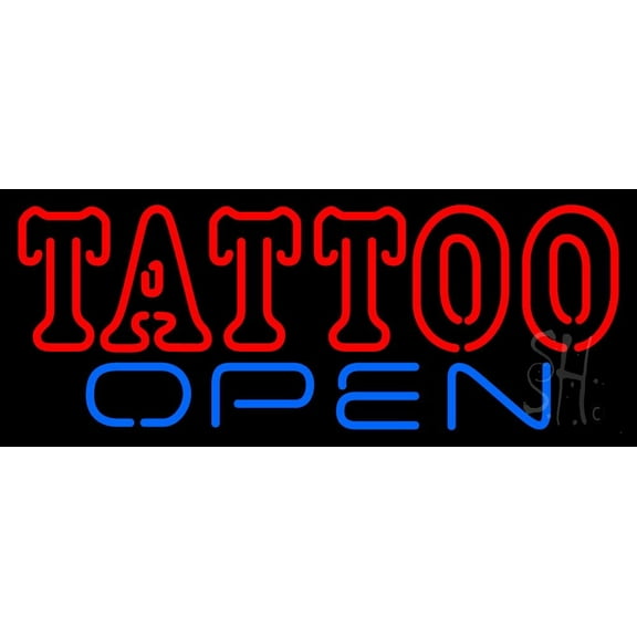 Double Stroke Tattoo Open LED Neon Sign 10" Tall x 24" Wide - inches Black Square Cut Acrylic Backing, with Dimmer - Premium built indoor Sign for Storefront, Store interior.
