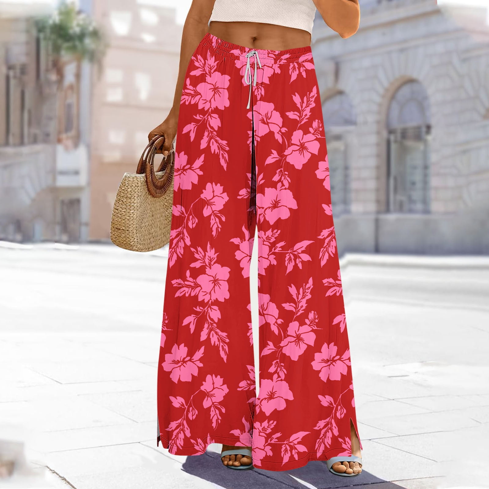 Mceream Womens Wide Leg Pants High Waist Floral Print Beach