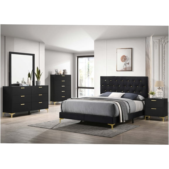 JERFIT 5-Piece Queen Upholstered Bedroom Set with Tufted Headboard, Black Velvet & Gold Finish, Dresser, Mirror, Nightstand, Chest