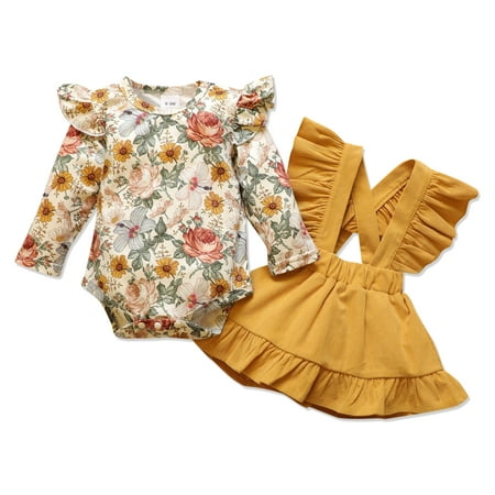 

PatPat 2pcs Baby Girls Floral Ruffle Romper Set Newborn Long Sleeve Bodysuit Romper with Suspender Swing Dress Fall Clothes Infant Outfit Casual Overall Dress 0-12 Month