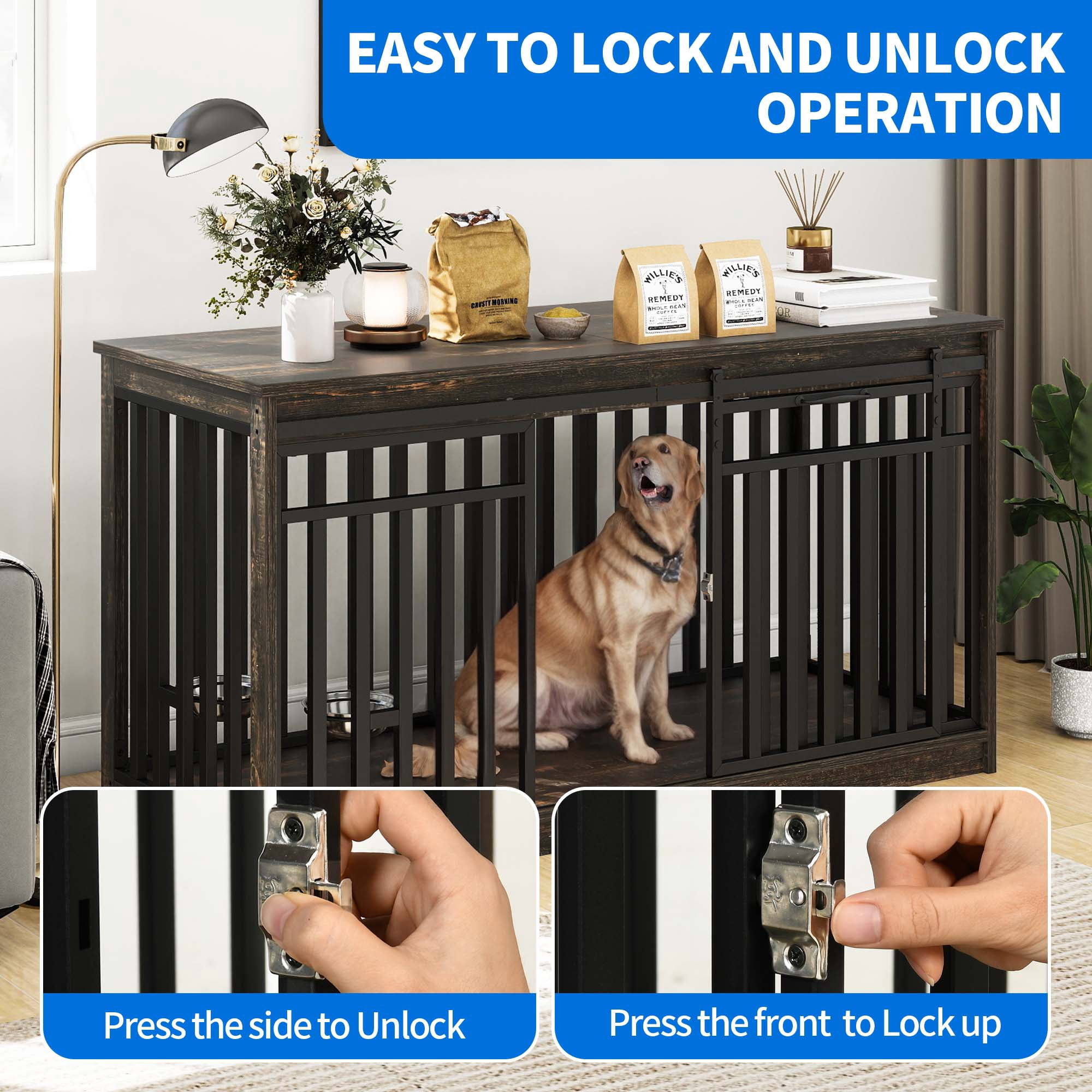 Dextrus 55" Extra Large Dog Crate Kennel Furniture with 2 Dog Bowl, Sliding Doors for Large Medium Dogs, Heavy Duty Wood TV Stand Dog Cage Table - Black Oak