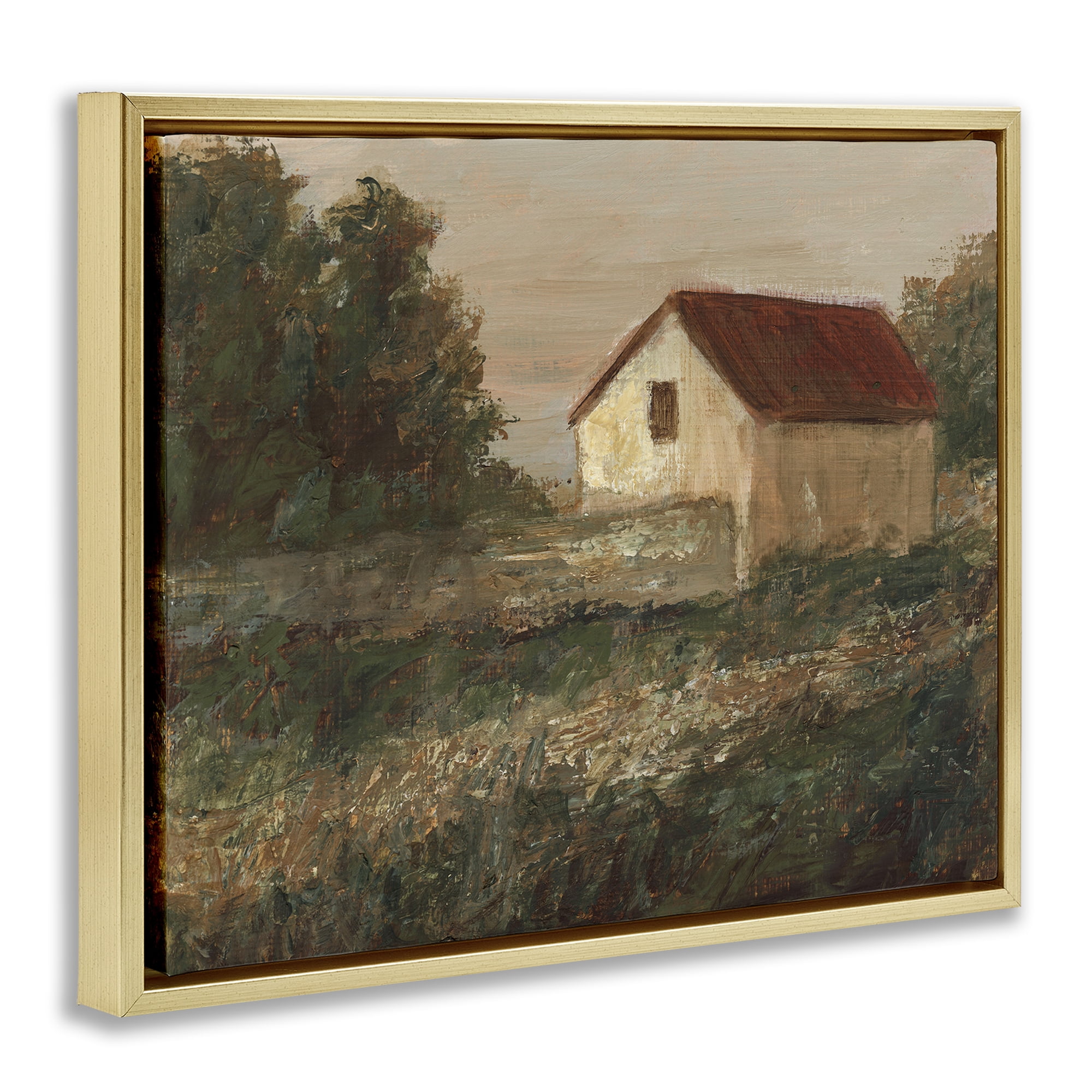 Stupell Industries Traditional Red Roof Cottage Landscape & Nature Painting Gold Floater Framed Canvas Art Print Wall Art, 31 x 25