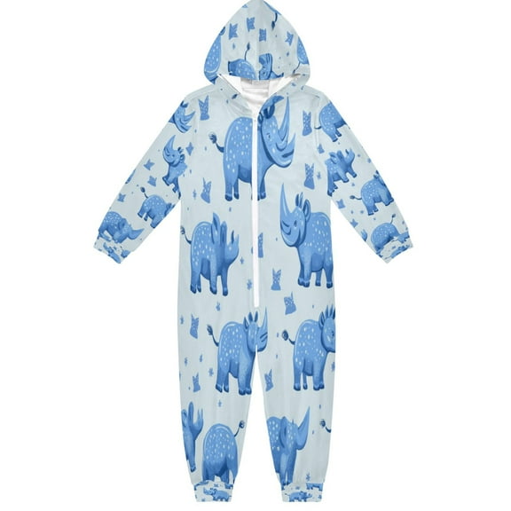 Soft Big Kids Onesie Pajamas Cozy Loose-Fit Jumpsuits for kids with Pockets for Christmas Lounge & Play Blue Rhinoceros
