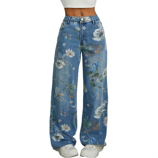 Pantalones Vaqueros Vintage de Tiro Alto con Estampado Floral y Pierna Recta para Mujer, Informales, de Verano Azul M