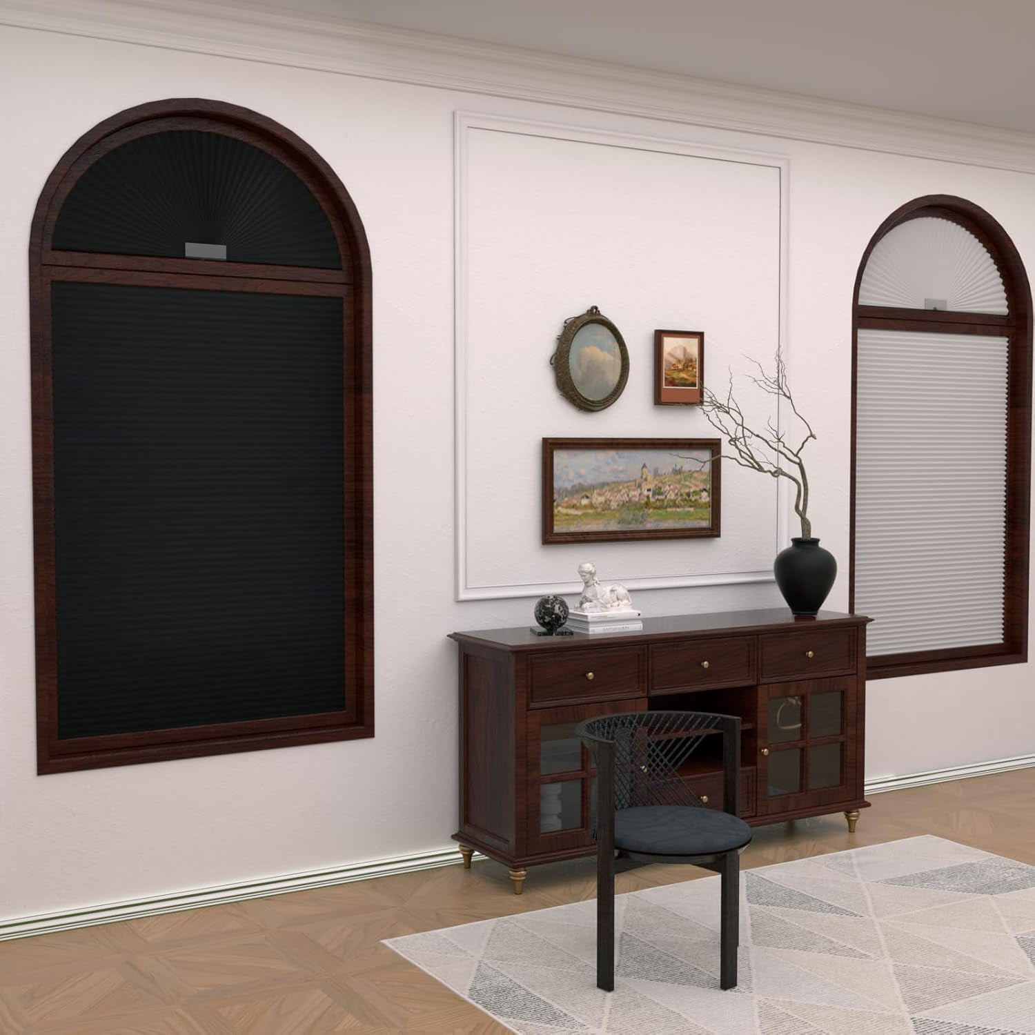 Arch Window Shades Half Circle Blackout Cellular Shades Cordless No Drill Blinds for Windows Half Moon Honeycomb Fabric No Tools Room Darkening Shades Easy Install (1PCS Black 72" W X 36" H)